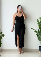 Size M-L, Black Spaghetti Strap Ribbed Midi Dress - Closet by Payal