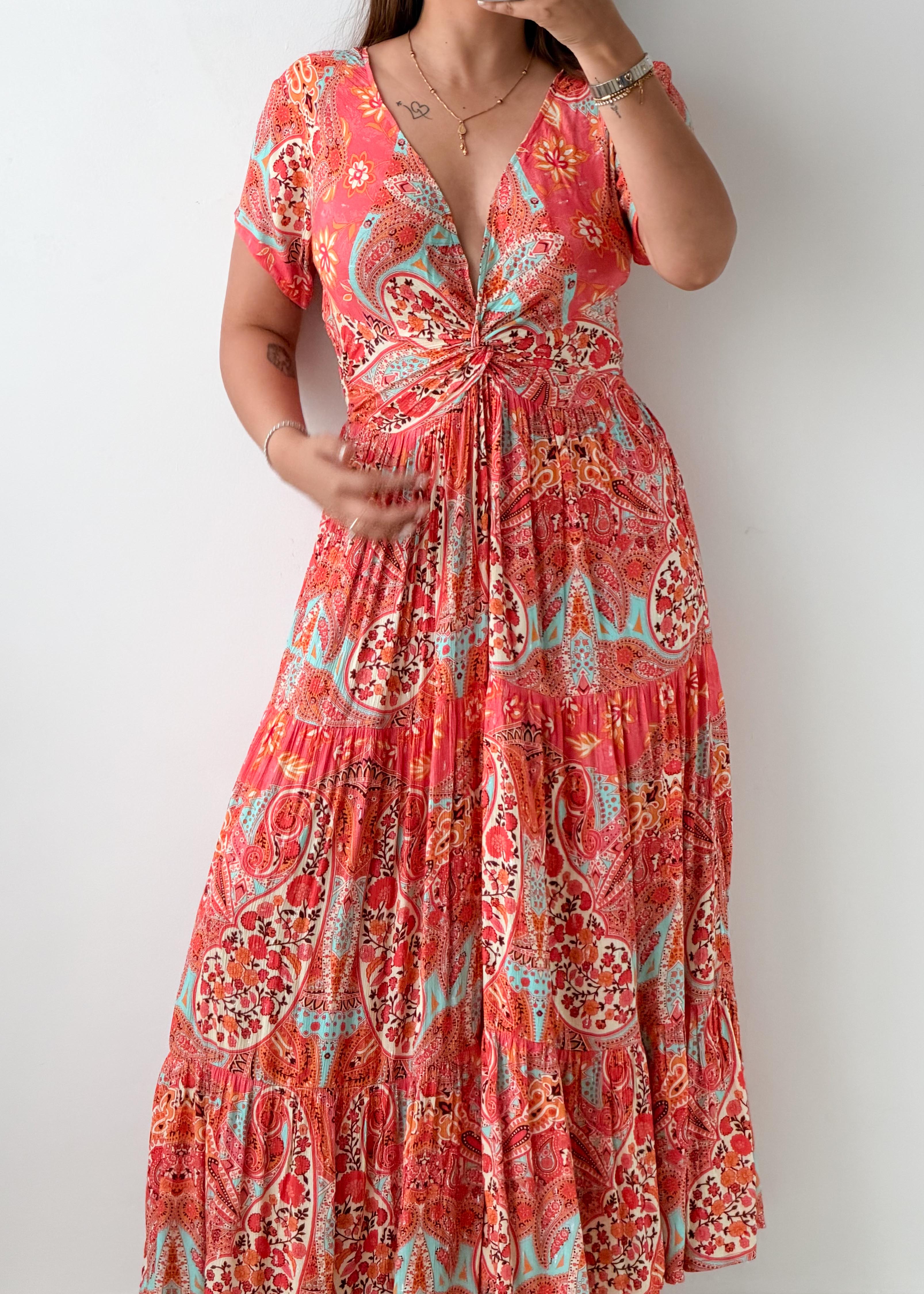 Size XS-S Coral Paisley Print Maxi Dress