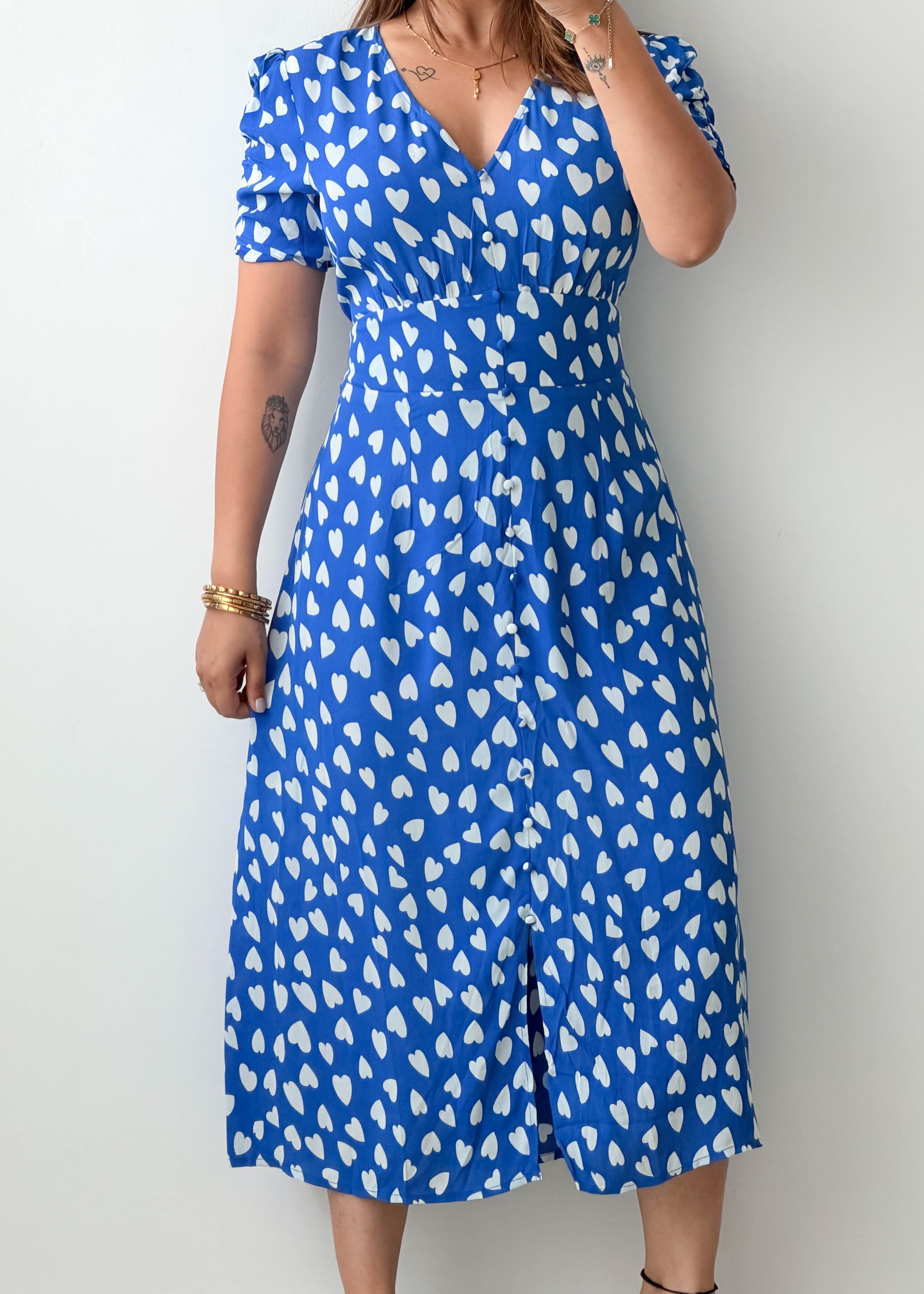 Size M-L Blue Heart Print Midi Dress