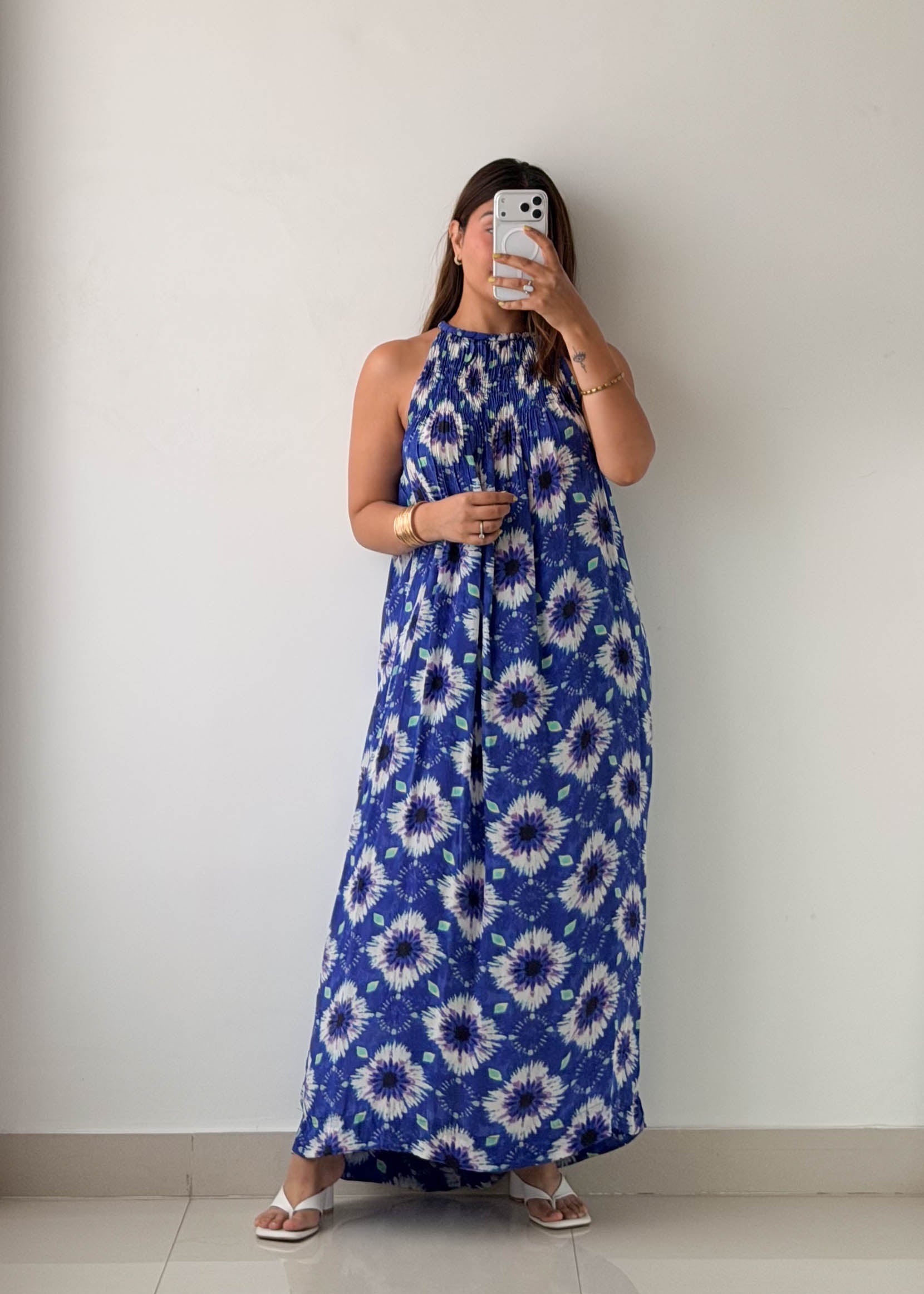 Size M-L Blue Floral Halter Maxi Dress