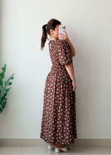 Size S-M & L-XL Brown Floral Smocked Maxi Dress With pockets