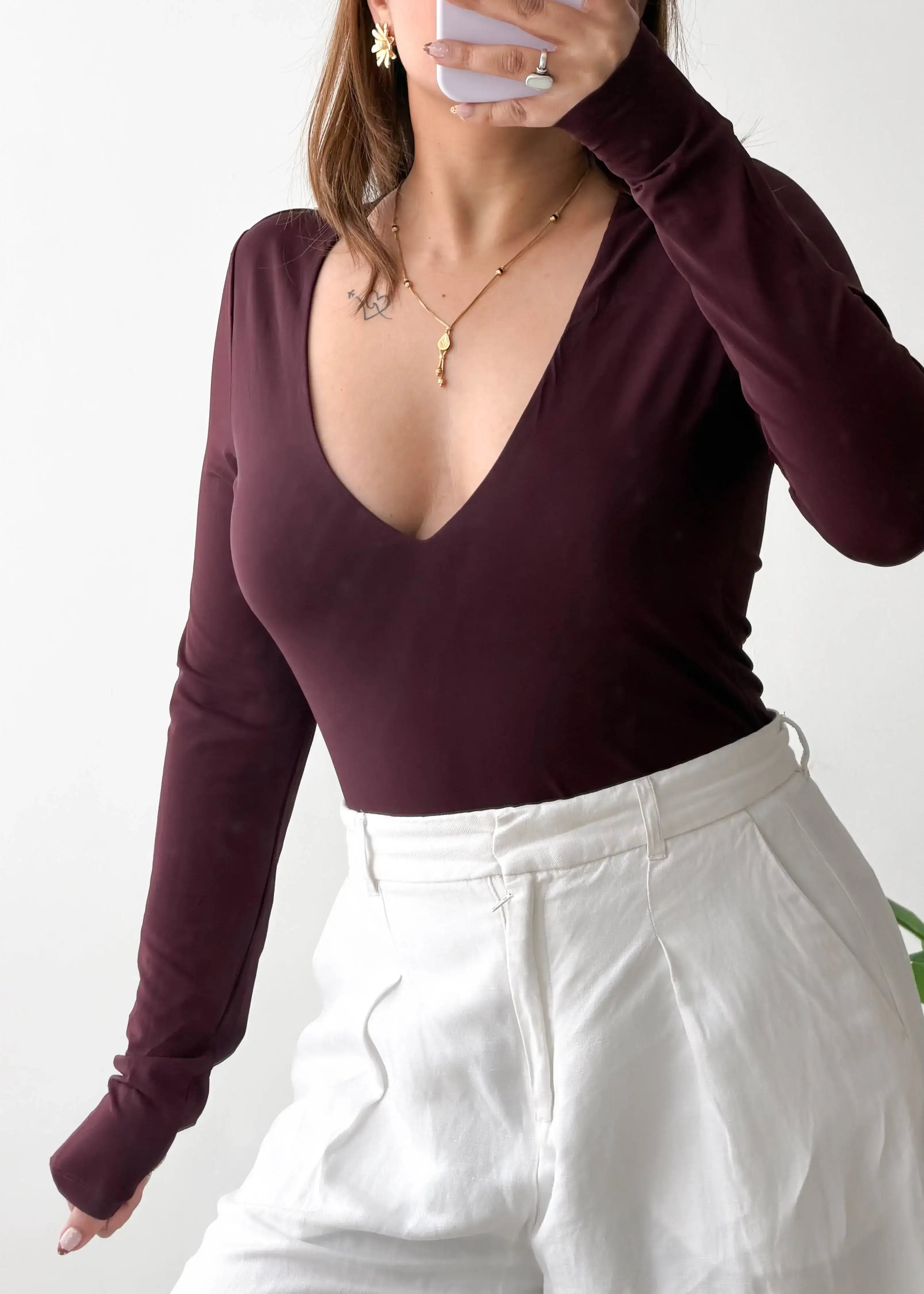 Size M, Wine Deep Neck Bodysuit