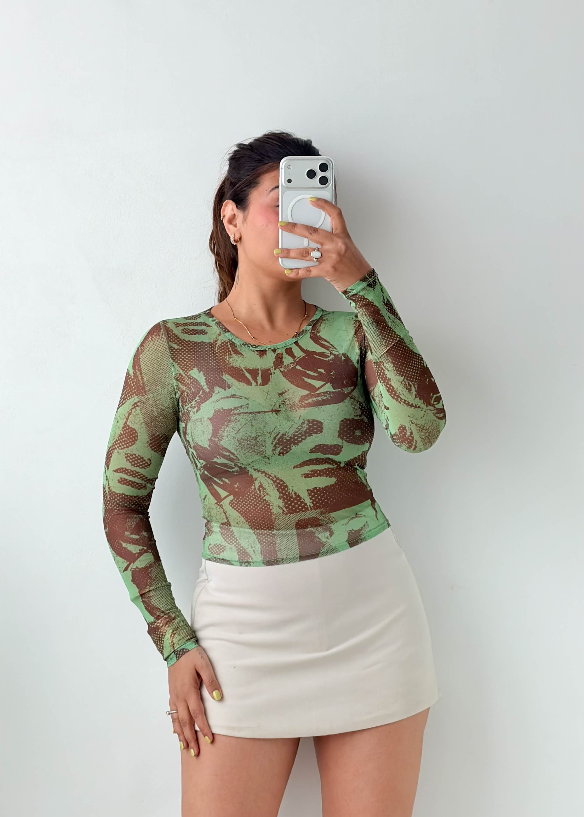 Size XS-S Green Abstract Mesh Top