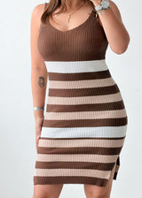 Size S-M Brown & Cream Striped Ribbed Knit Mini Dress
