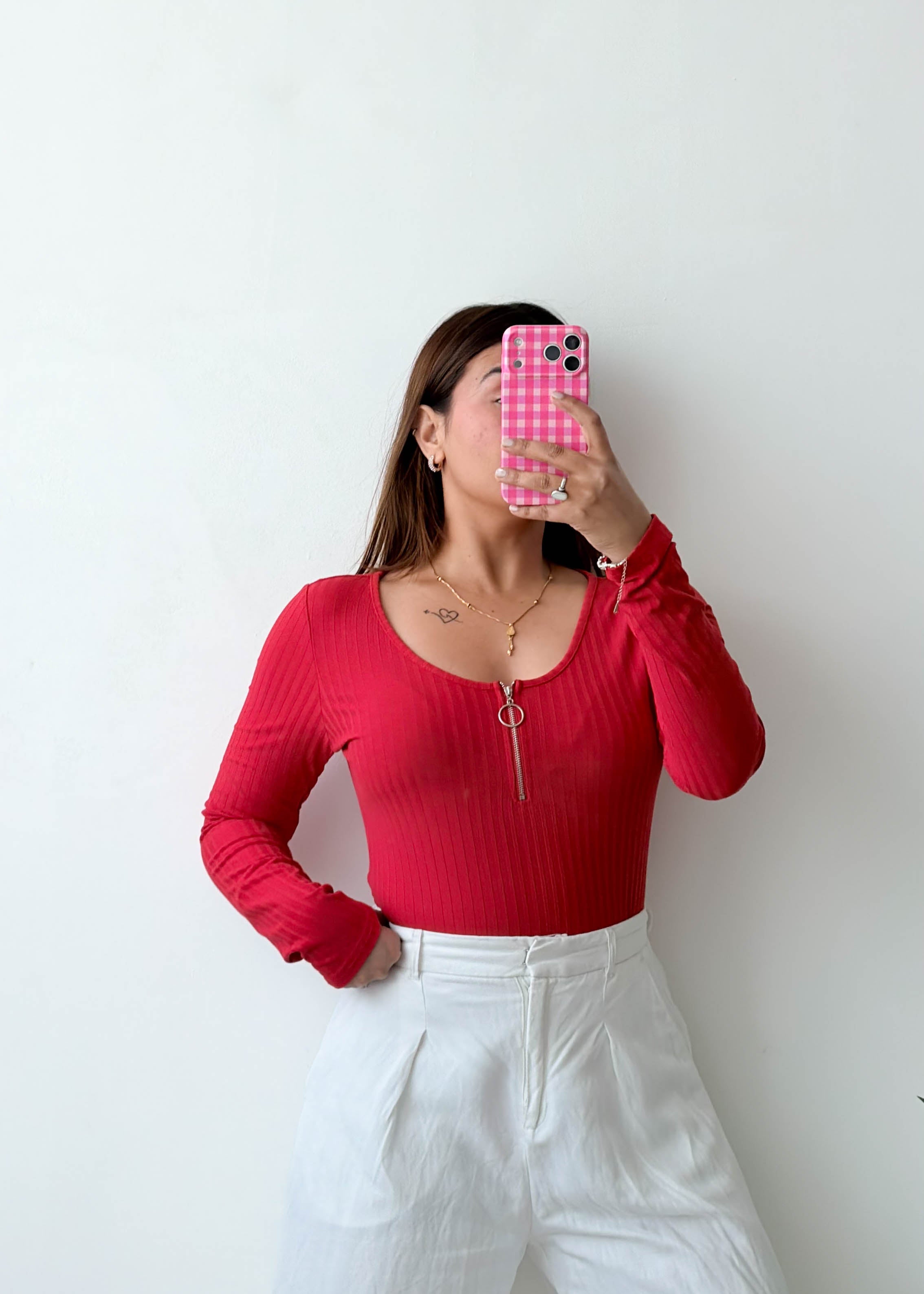 Size M-L Red Zip Front Ribbed Bodysuit