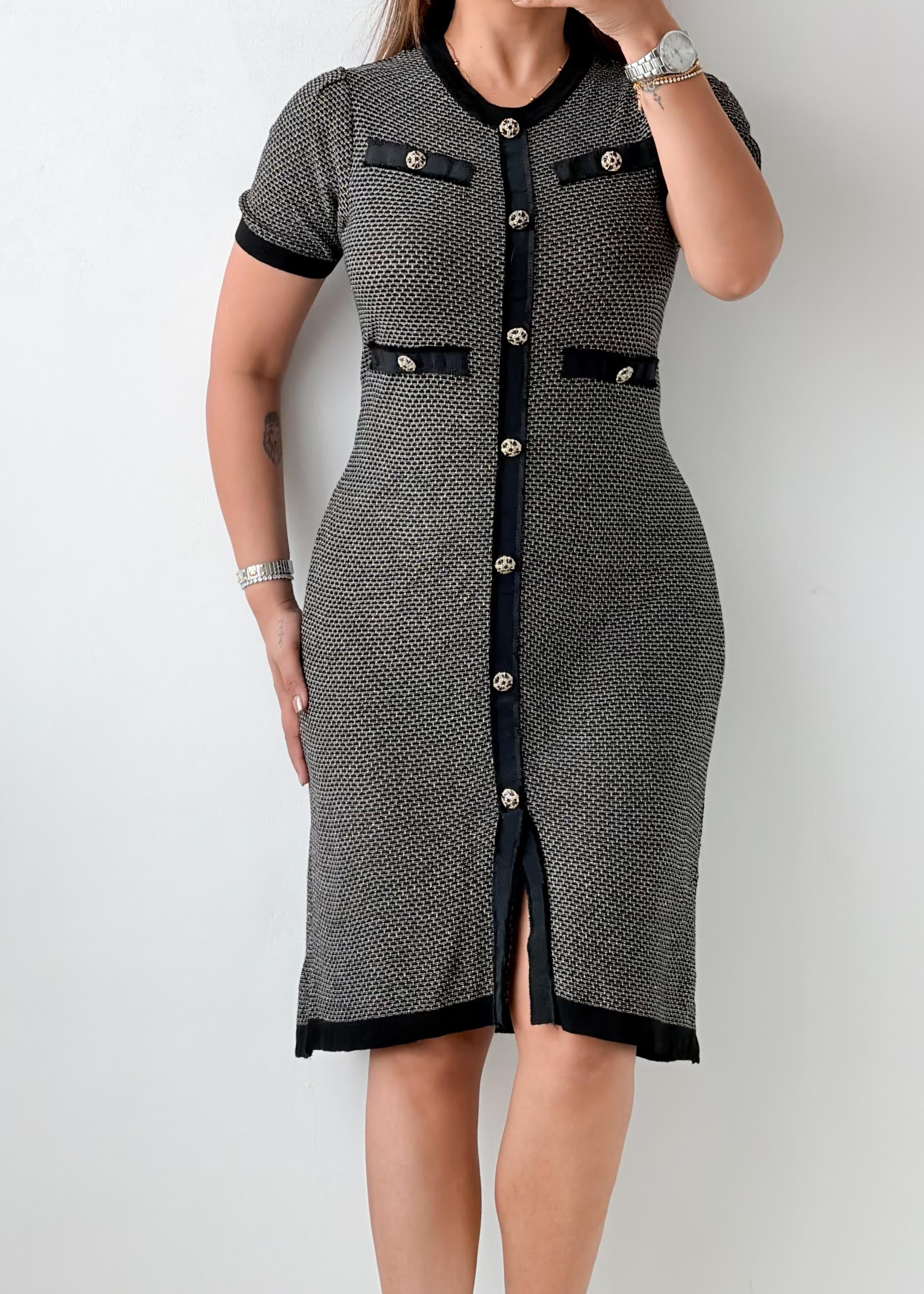 Size L-XL Grey & Black Contrast Knit Midi Dress