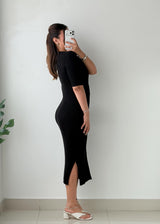 Size M-L Black Ribbed Button-Front Midi Dress