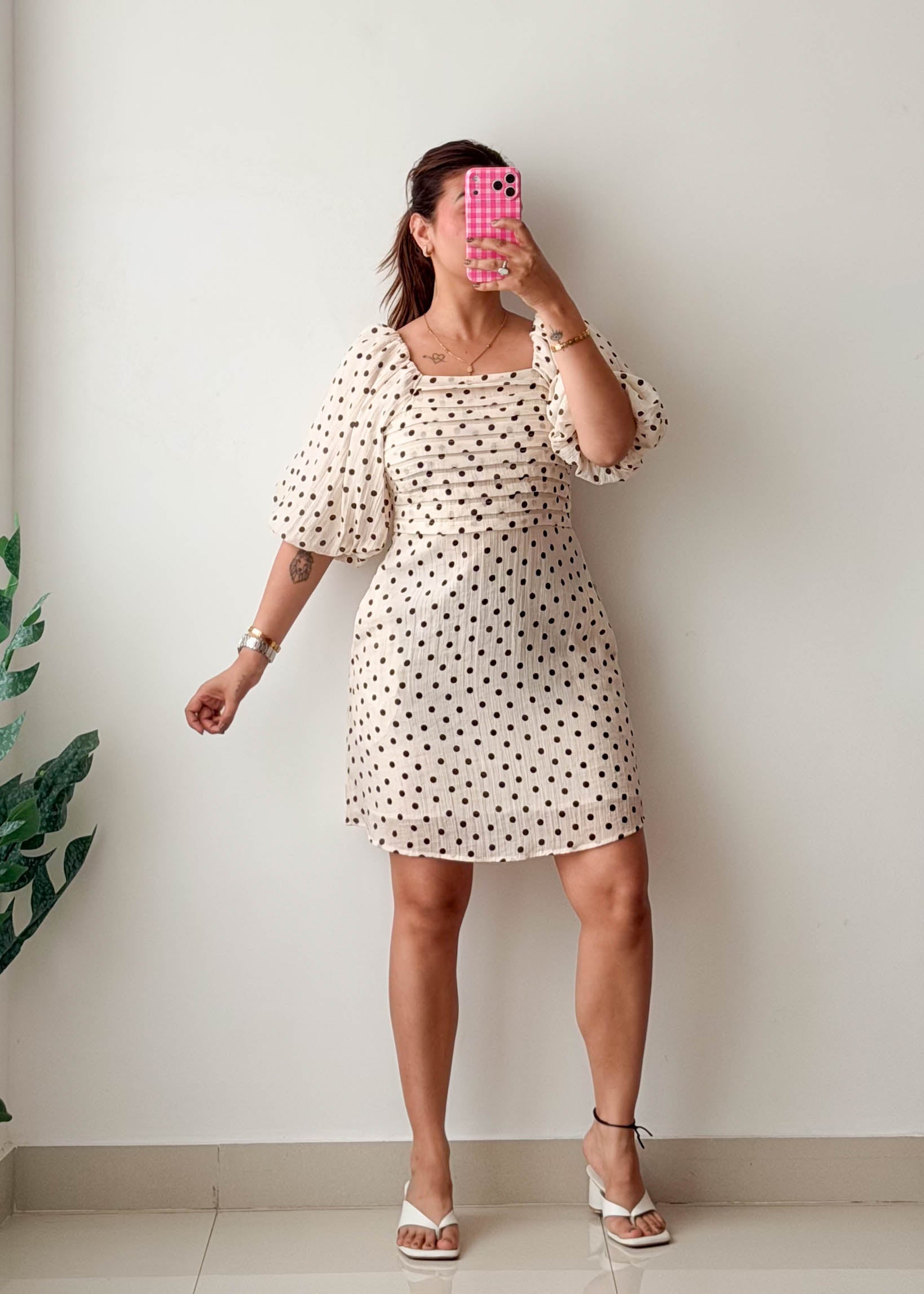 Size S-M Cream Black Polka Dot Puff Sleeve Dress