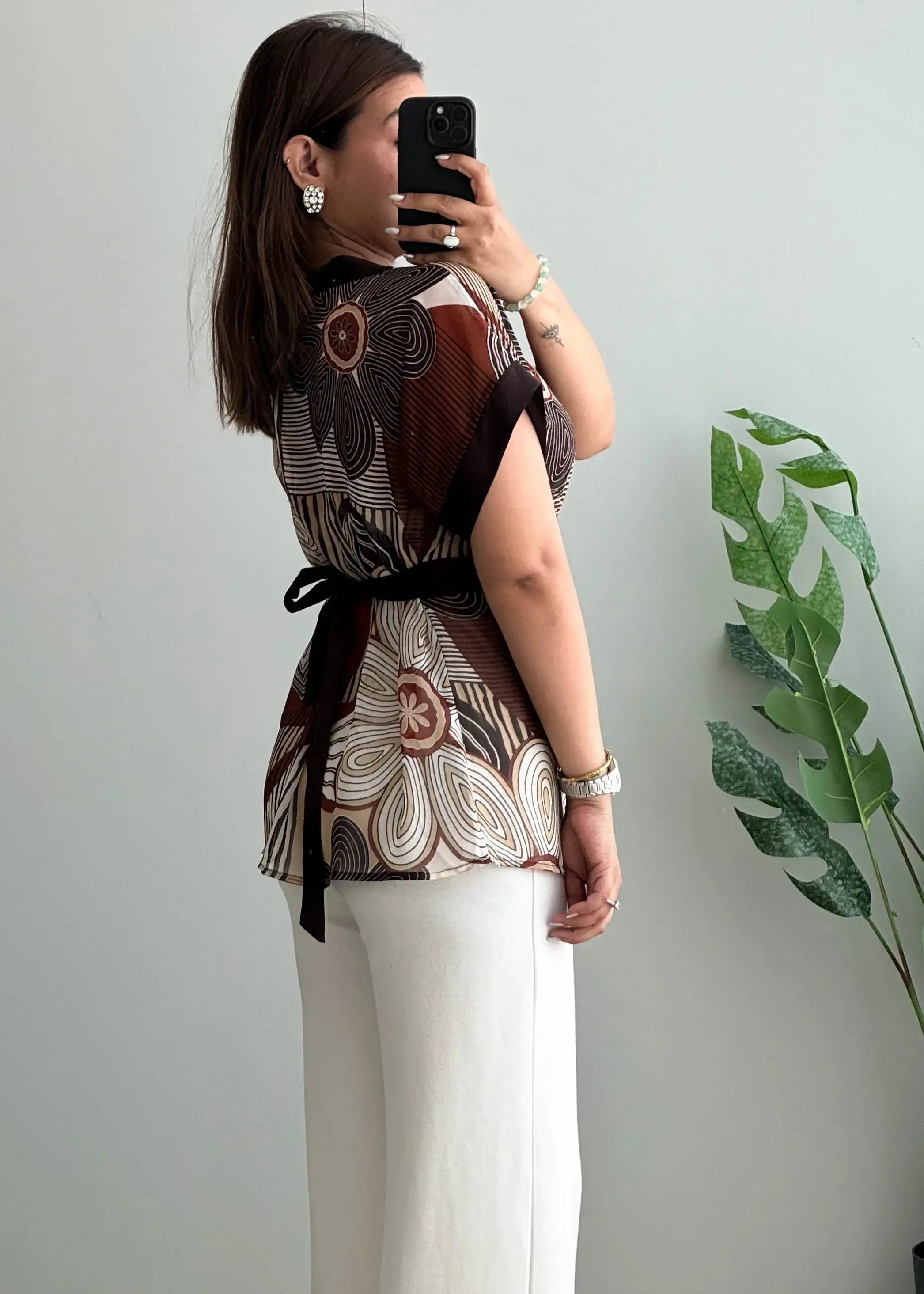 Size M-L, Vintage Brown Geometric Print Sheer Blouse - Closet by Payal