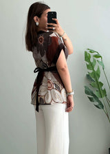 Size M-L, Vintage Brown Geometric Print Sheer Blouse - Closet by Payal