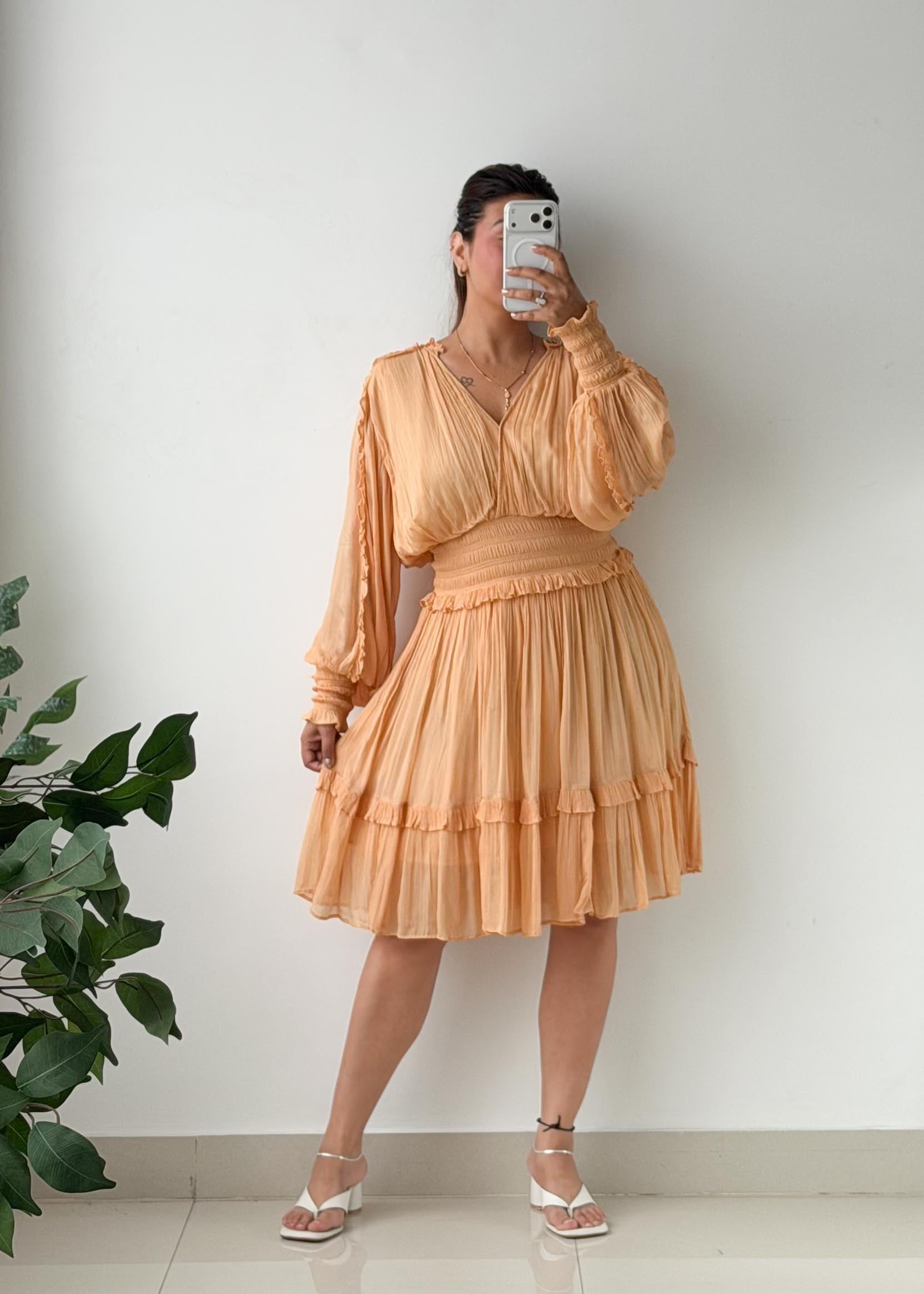 Size M-L Peach Tiered Boho Mini Dress