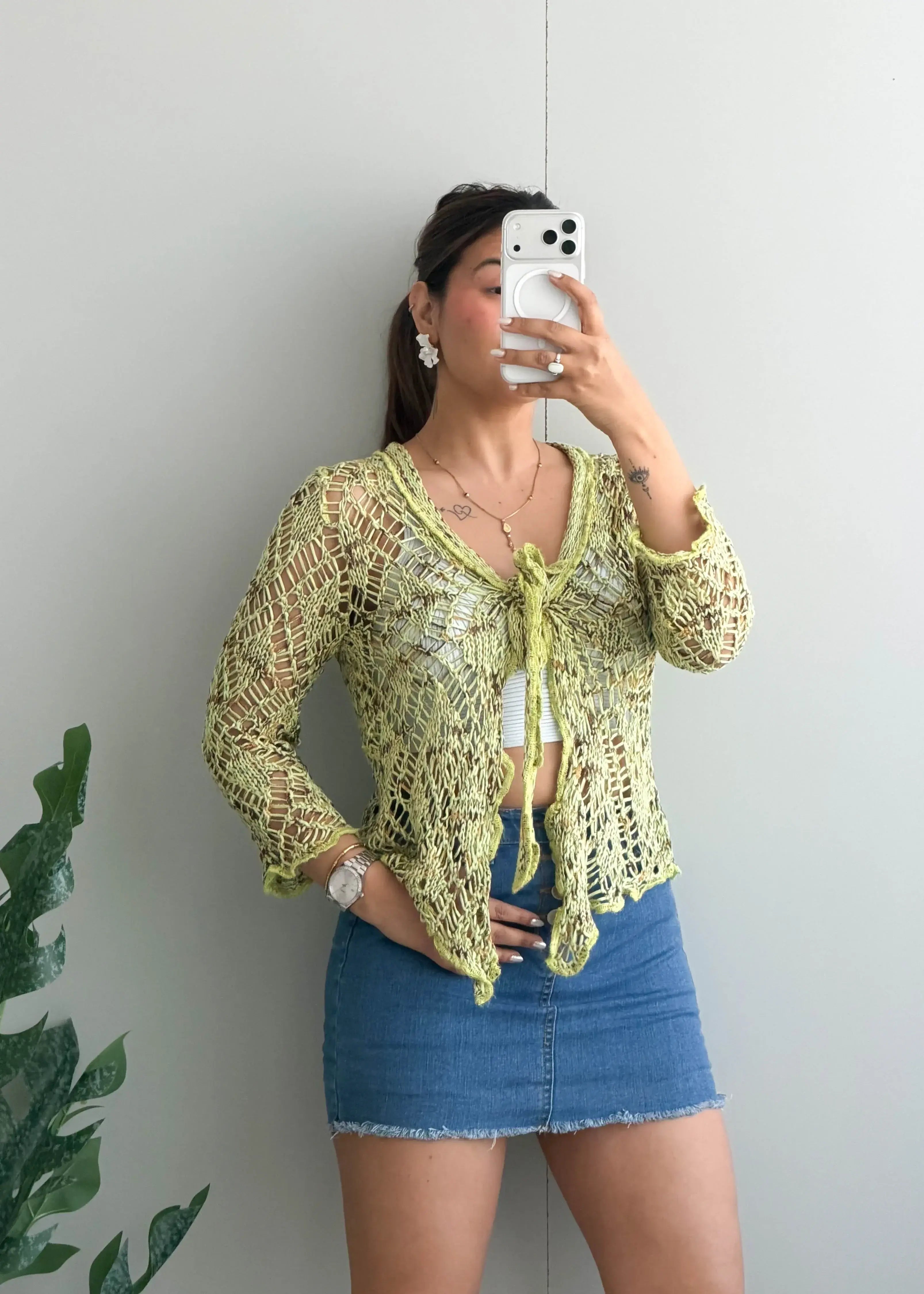 Size XS-M, Light Green Tie-Front Crochet Cardigan - Closet by Payal
