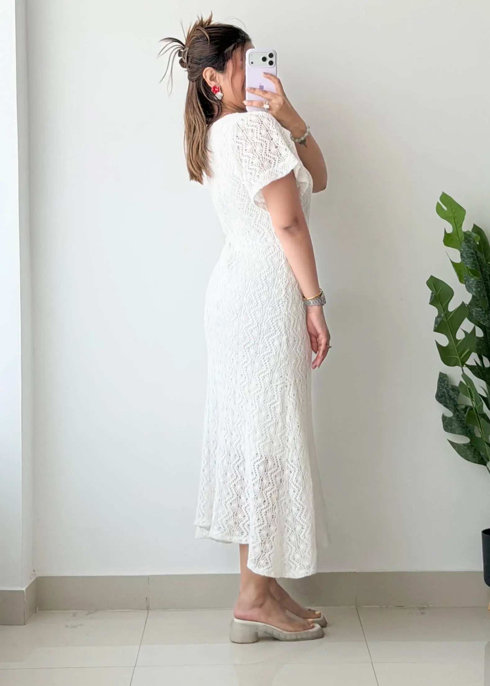 Size M, White Crochet Midi Dress