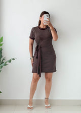 Size M-L Brown Striped Tie-Waist Mini Dress