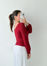 Size M-L Wine Puff Sleeve Square Neck Top