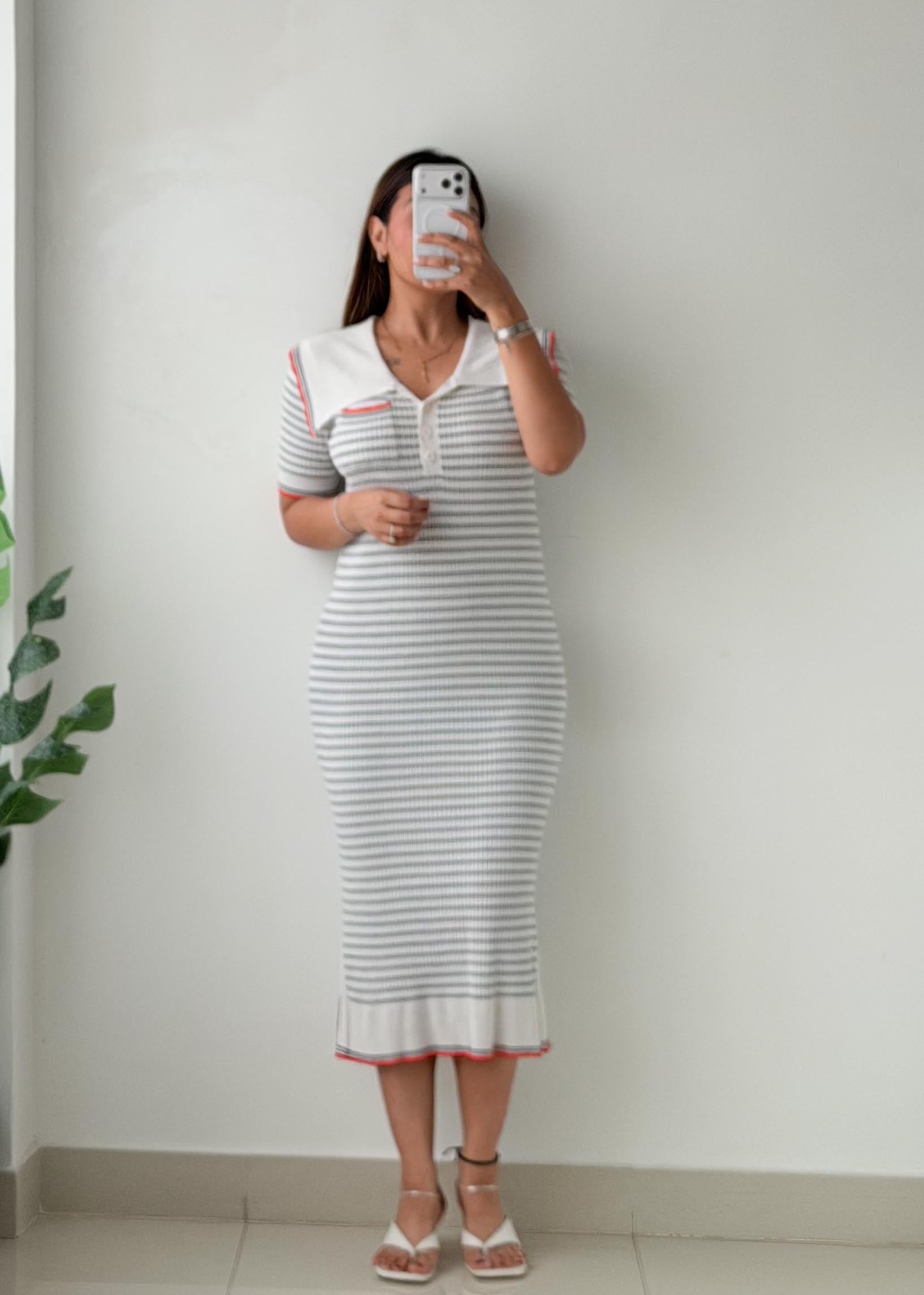 Size M-L Grey & White Striped Ribbed Polo Midi Dress
