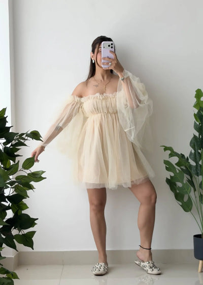 Size XS-S, Beige Tulle Off-Shoulder Dress