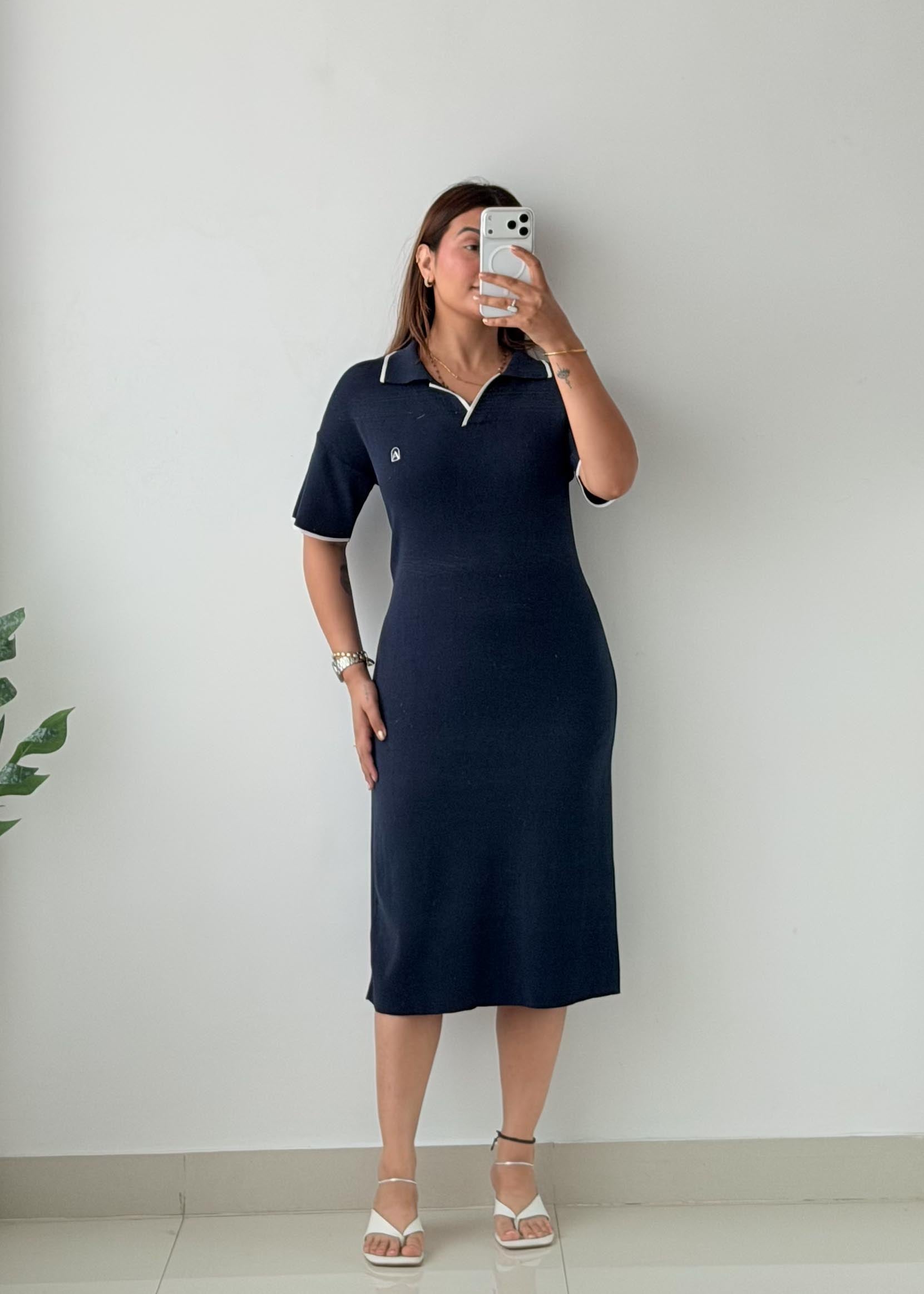 Size L-XL Navy Polo Knit Midi Dress