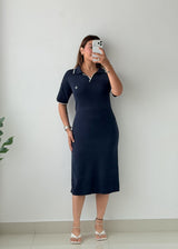 Size L-XL Navy Polo Knit Midi Dress