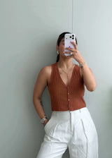 Size XS-S, Rust Button Front Ribbed Crop Top - Closet by Payal