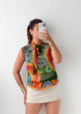 Size XS-S Multicolor Scarf Neck Sleeveless Top