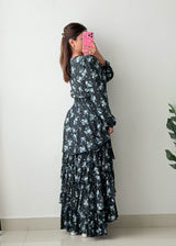 Size M-L Black Floral Tiered Maxi Dress