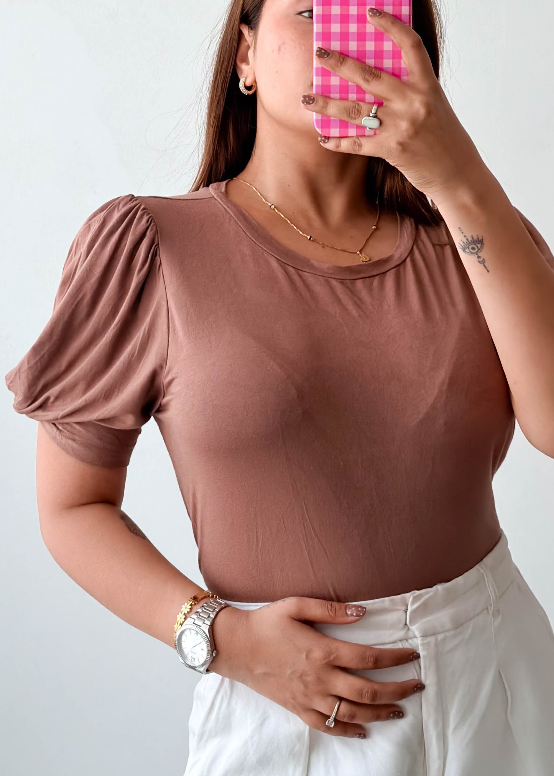 Size L-XL Mauve Puff Sleeve Bodysuit