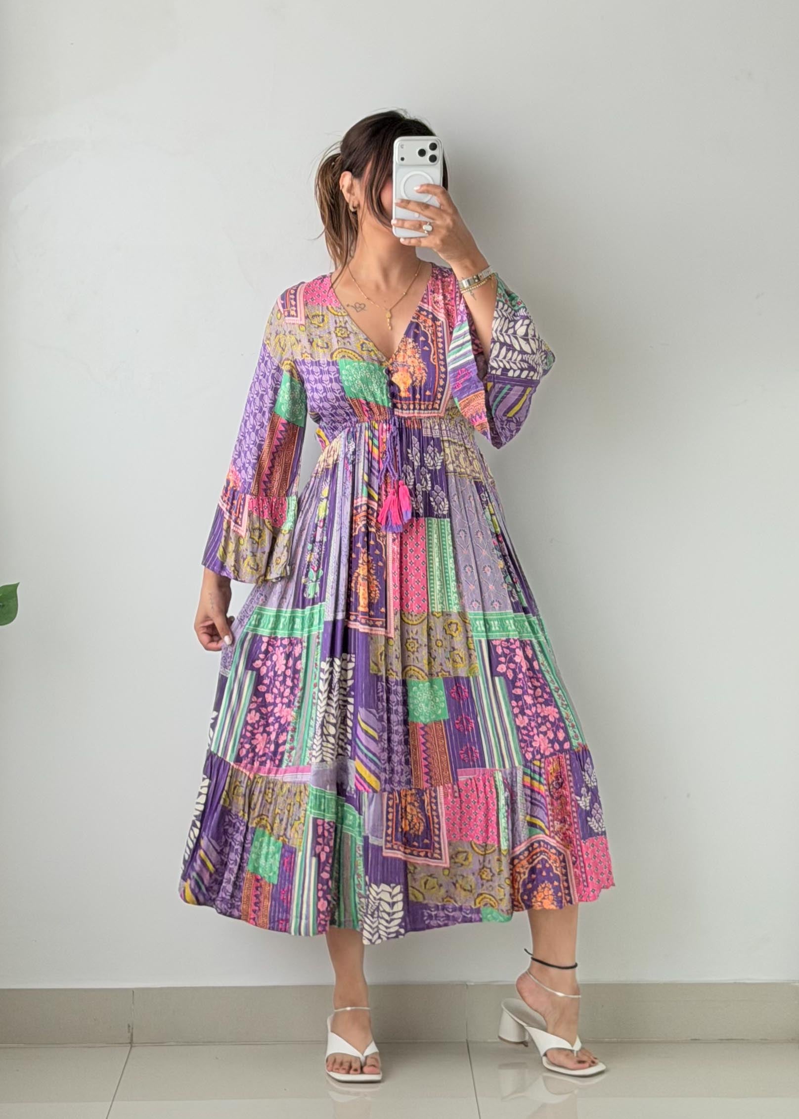 Size M-L Multicolor Patchwork Print Maxi Dress