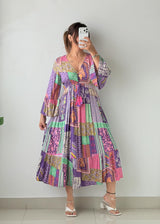 Size M-L Multicolor Patchwork Print Maxi Dress