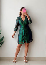 Size M-L Emerald Green Shimmer Sheer Sleeve Mini Dress