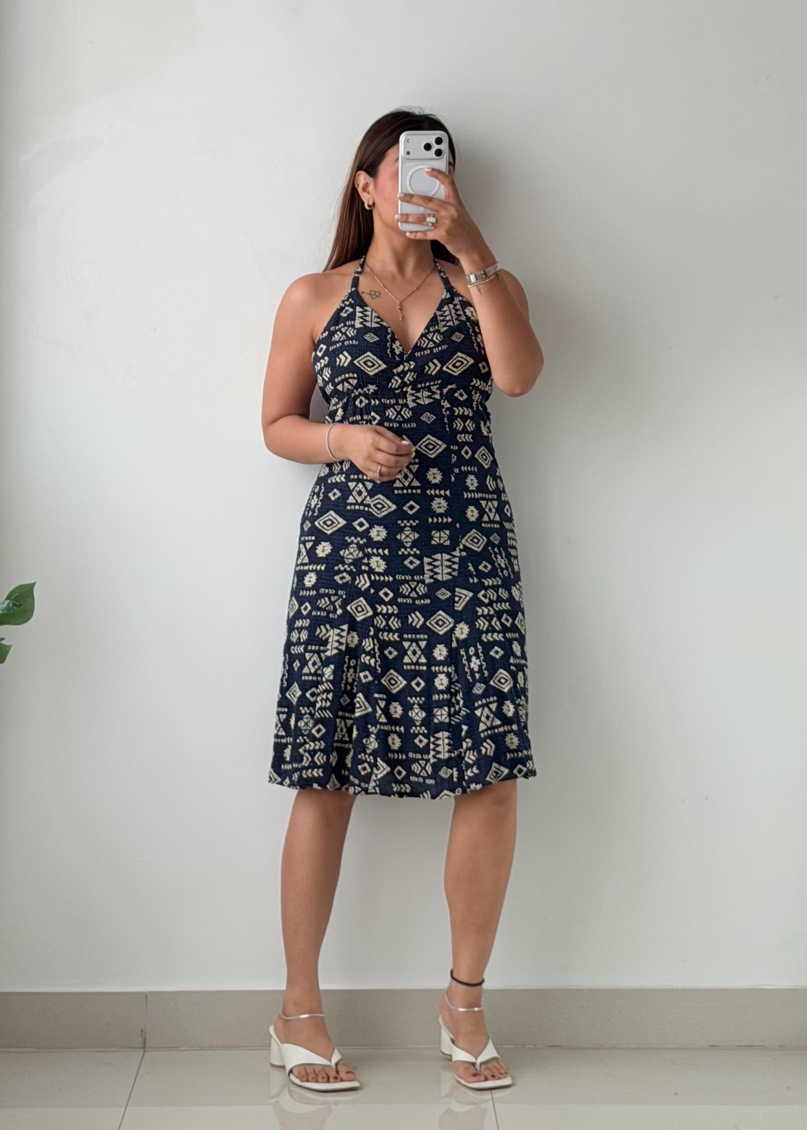 Size S-M Navy Printed Halter Mini Dress