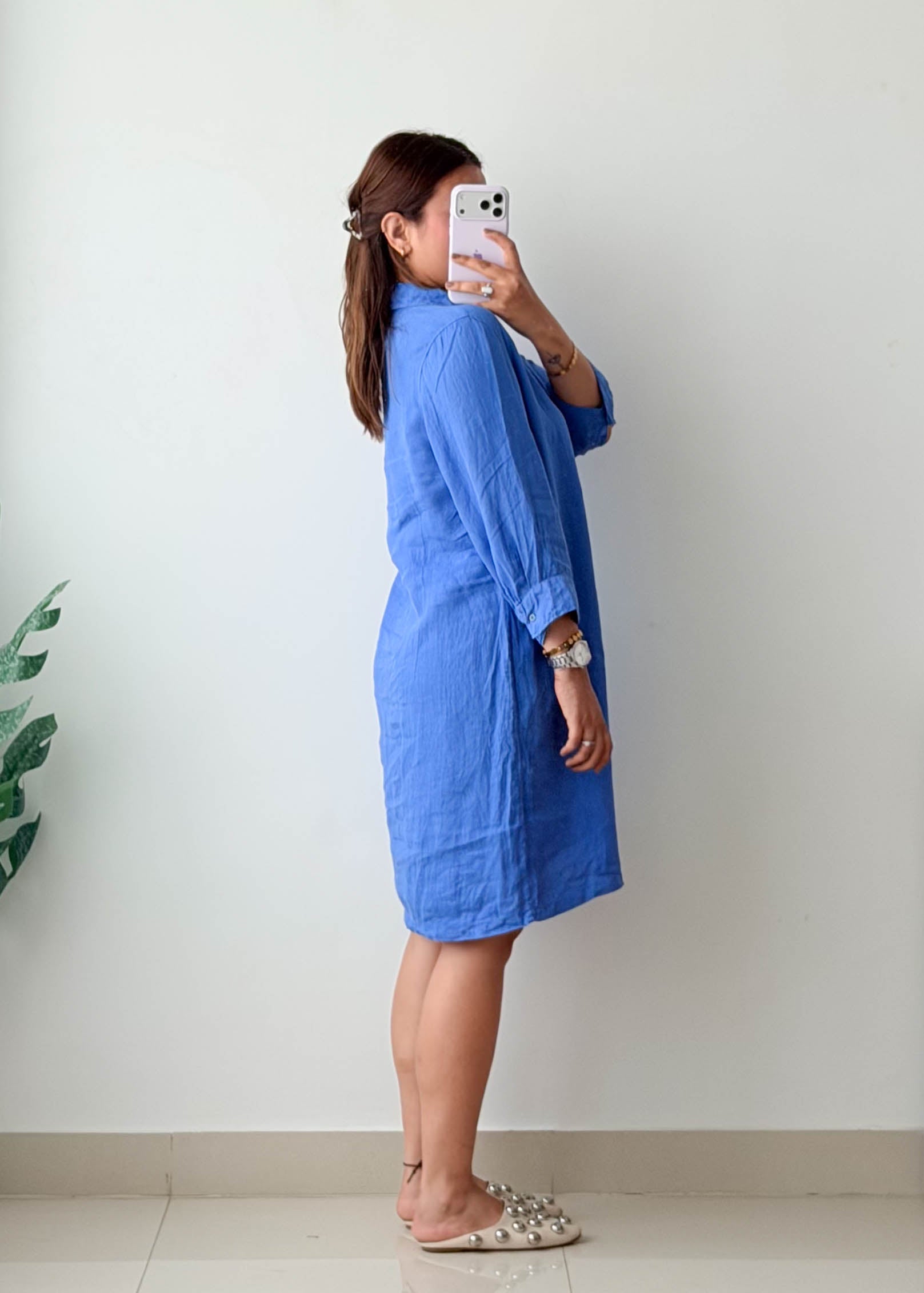 Size S-M Blue Linen Shirt Dress