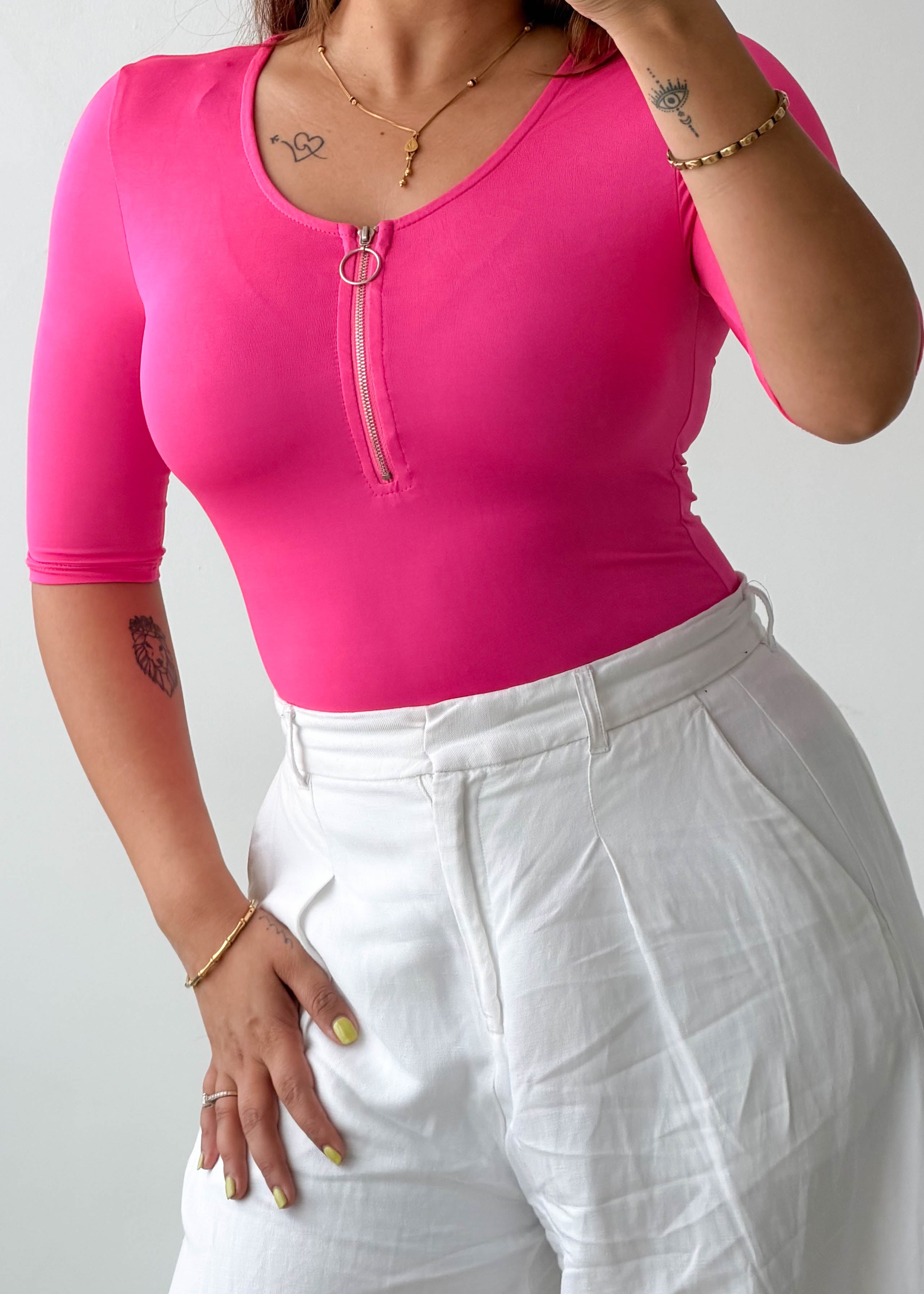 Size XS-S Hot Pink Zip Neck Bodysuit