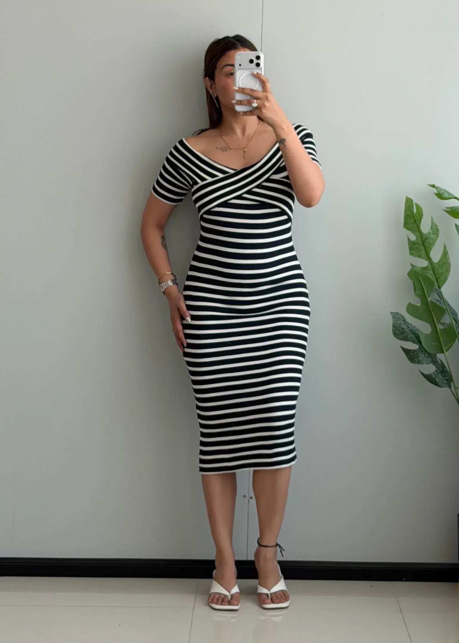 SIZE S-M, Black & White Stripe Wrap Midi Dress - Closet by Payal