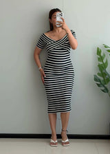 SIZE S-M, Black & White Stripe Wrap Midi Dress - Closet by Payal