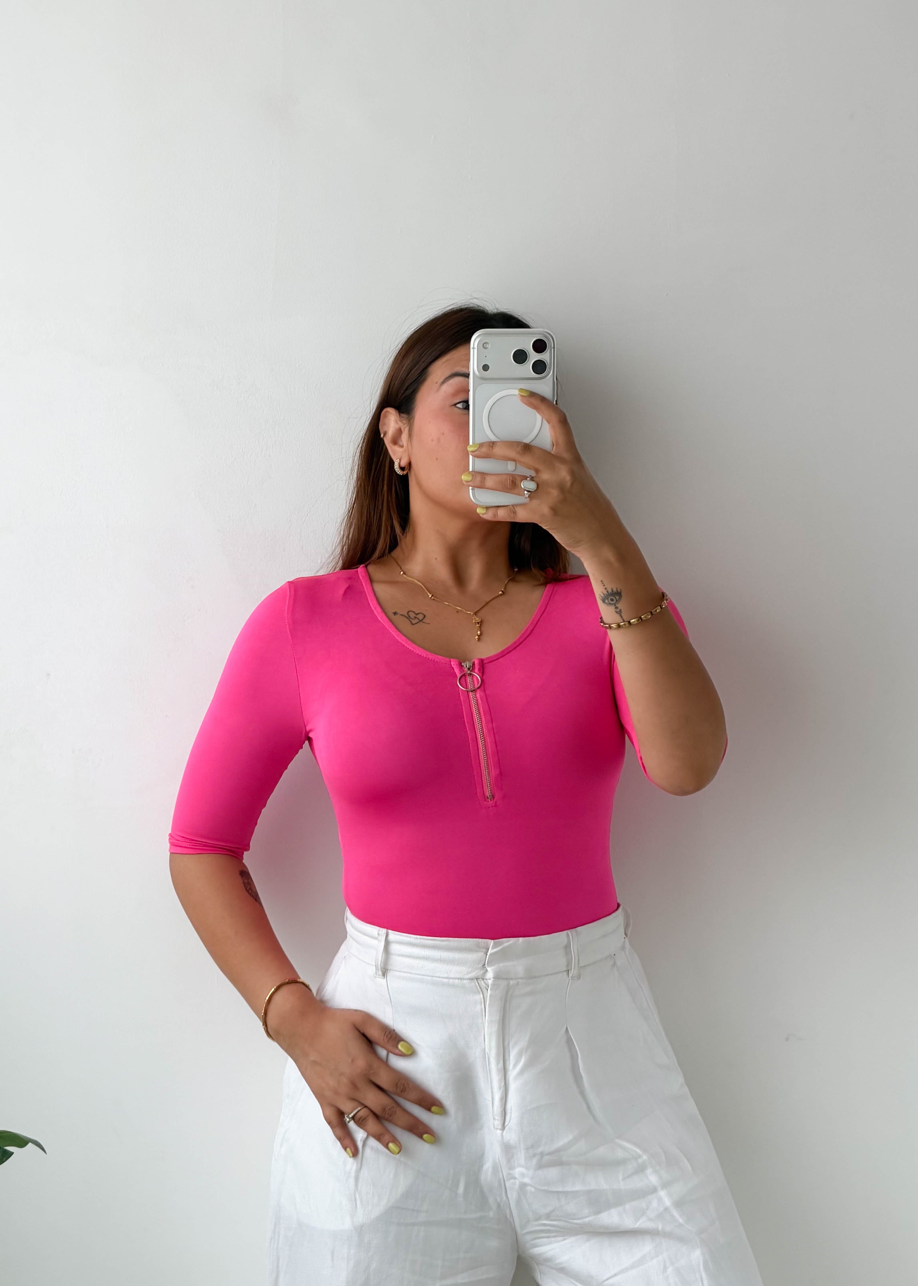 Size XS-S Hot Pink Zip Neck Bodysuit