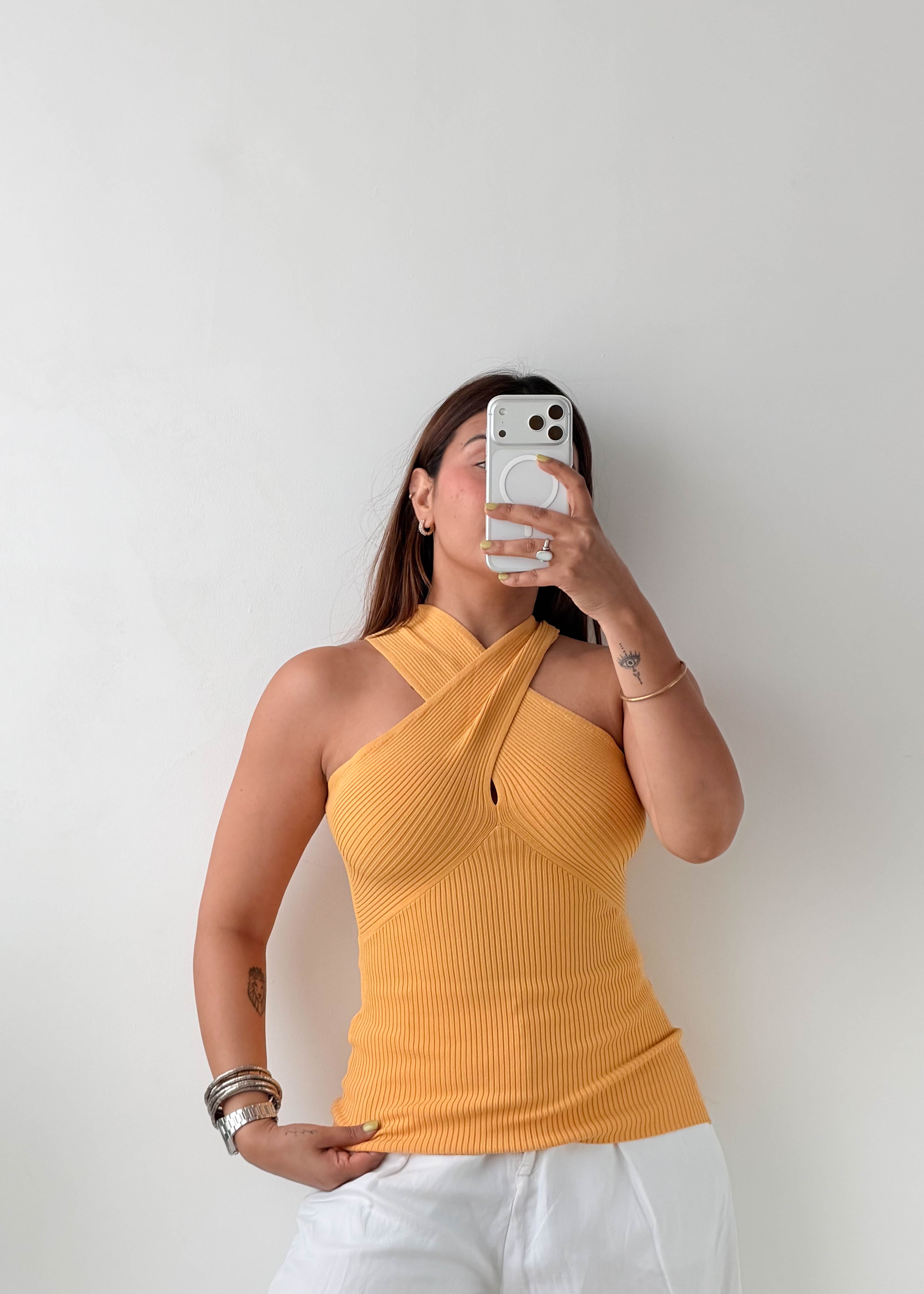 Size S-M Mustard Cross Halter Knit Top