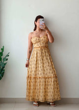 Size XS-S Yellow Floral Tiered Maxi Dress With Lining
