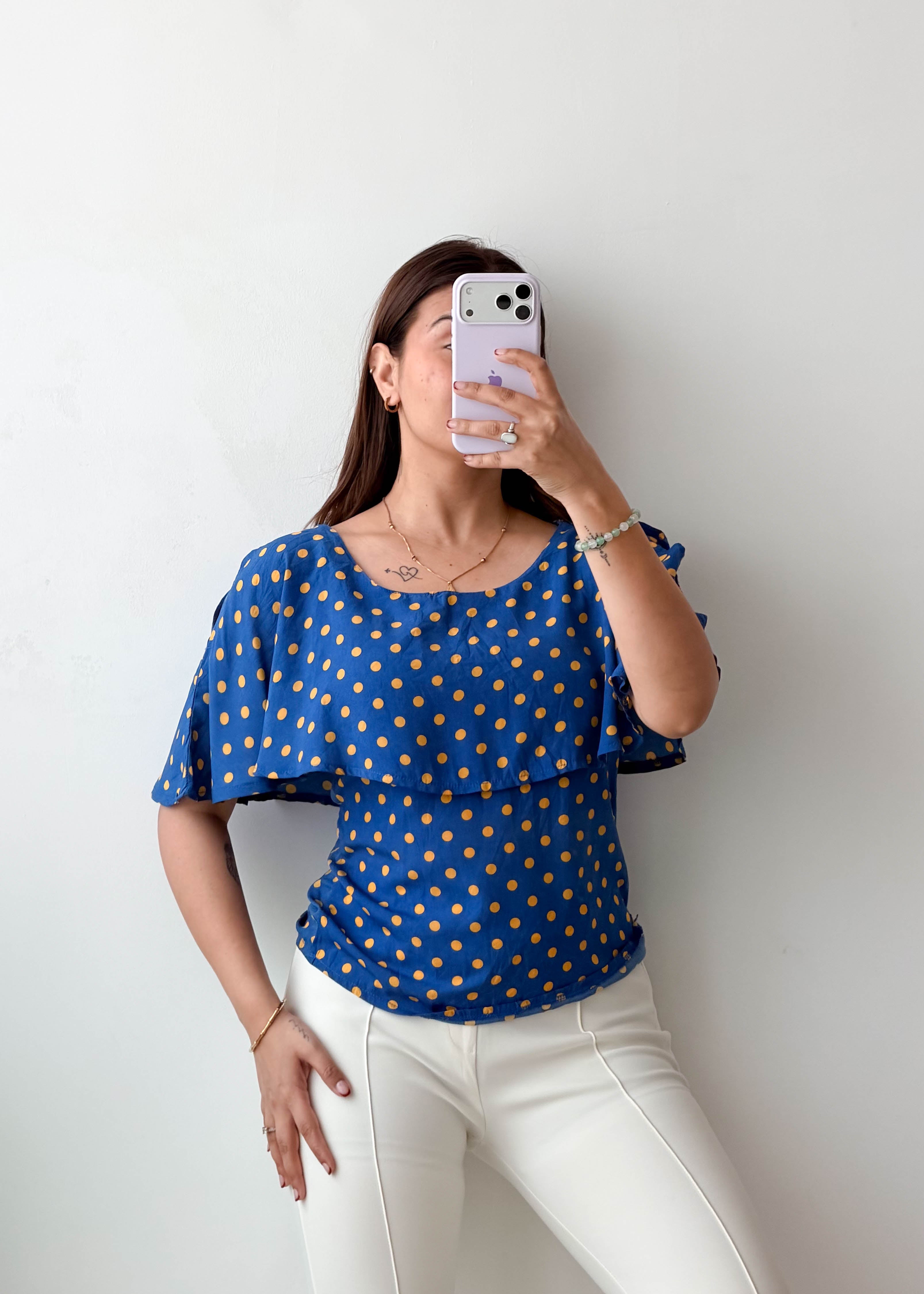 Size XS Blue Polka Dot Cape Top