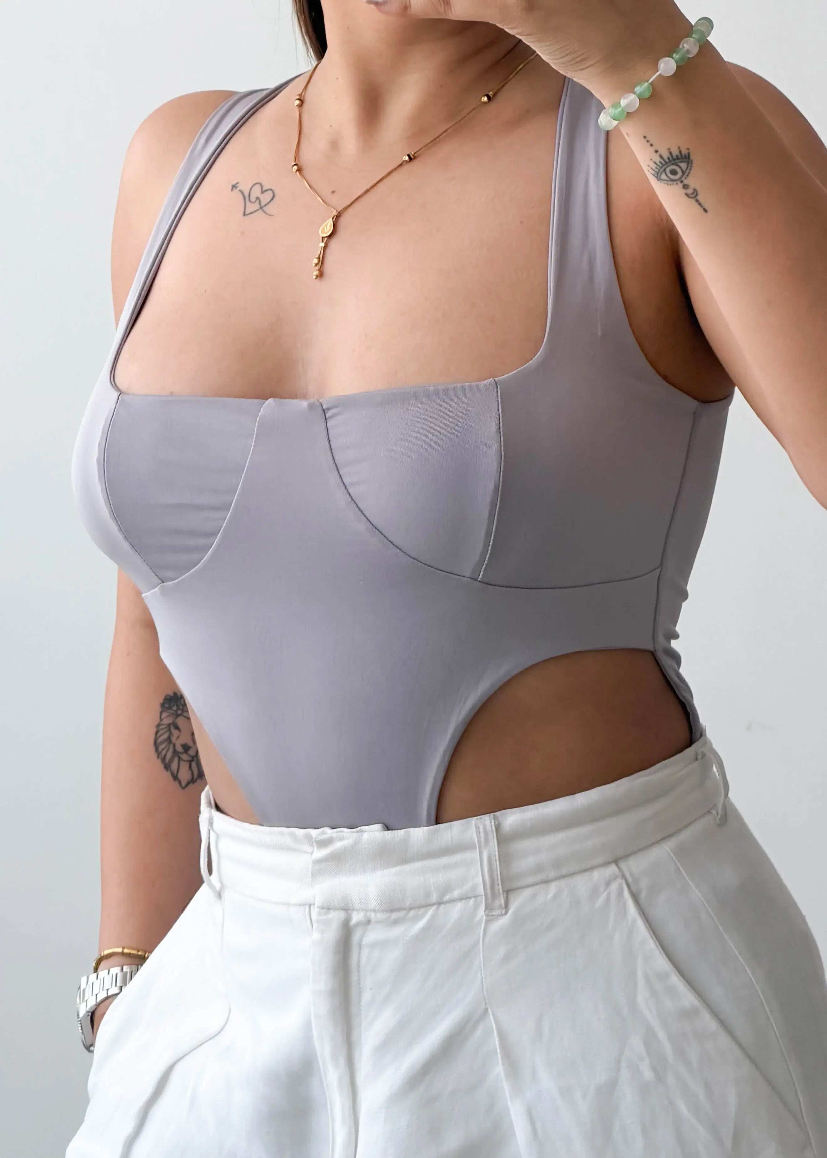 Size M-L Grey Cut-Out Bodysuit