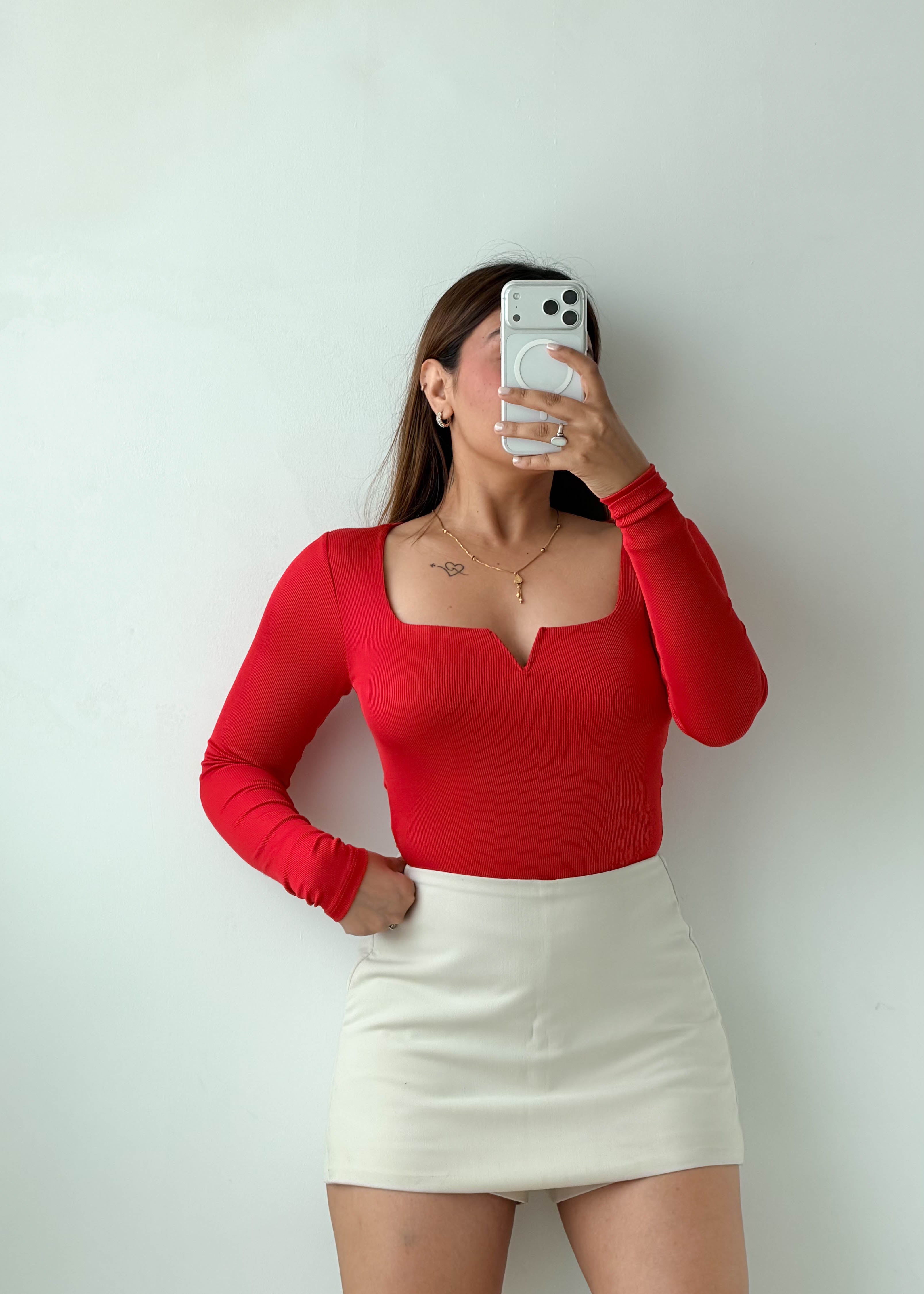 Size XS-S Red Notch Neck Bodysuit