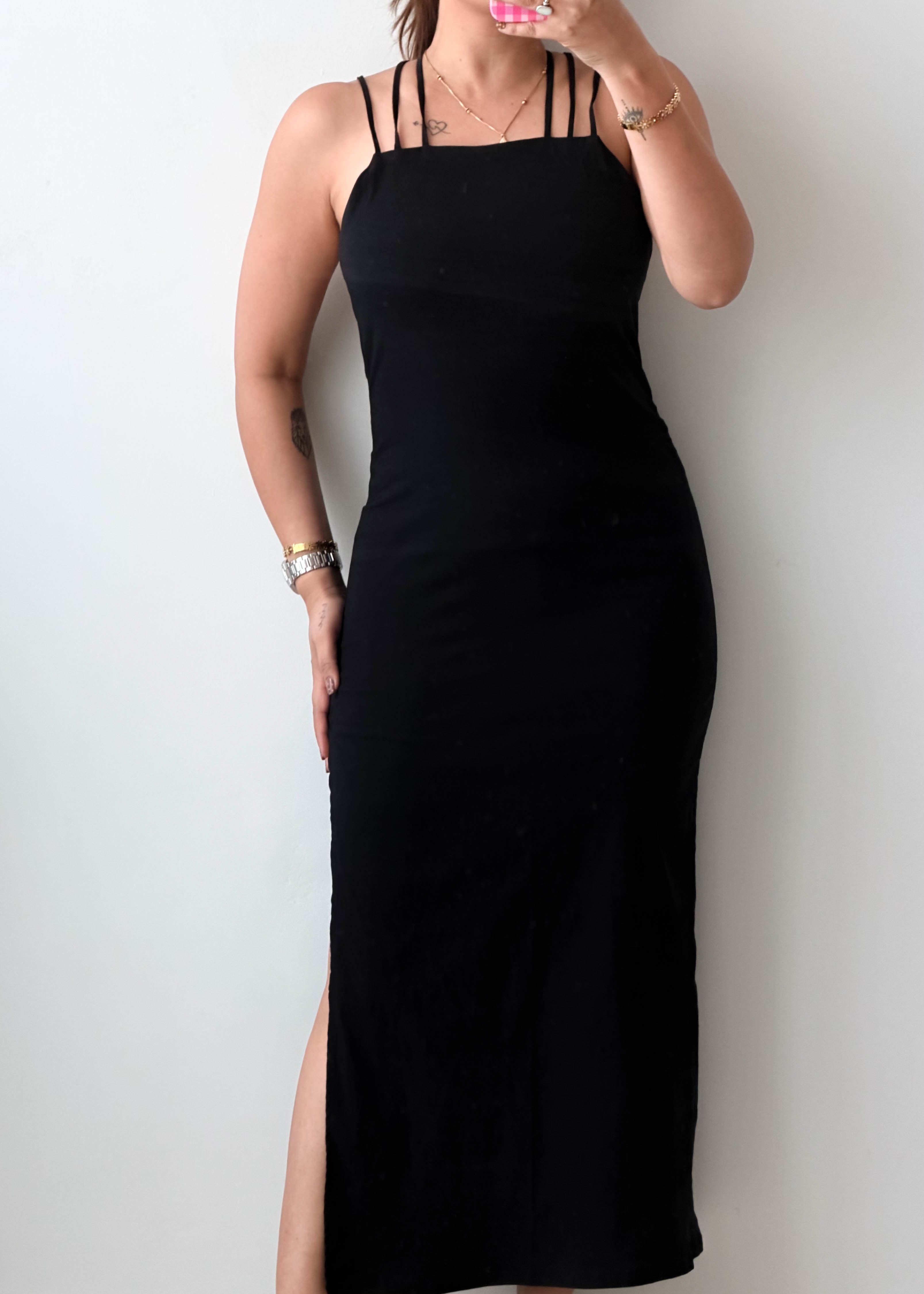 Size S-M Black Strappy Side-Slit Bodycon Maxi Dress