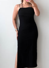 Size S-M Black Strappy Side-Slit Bodycon Maxi Dress