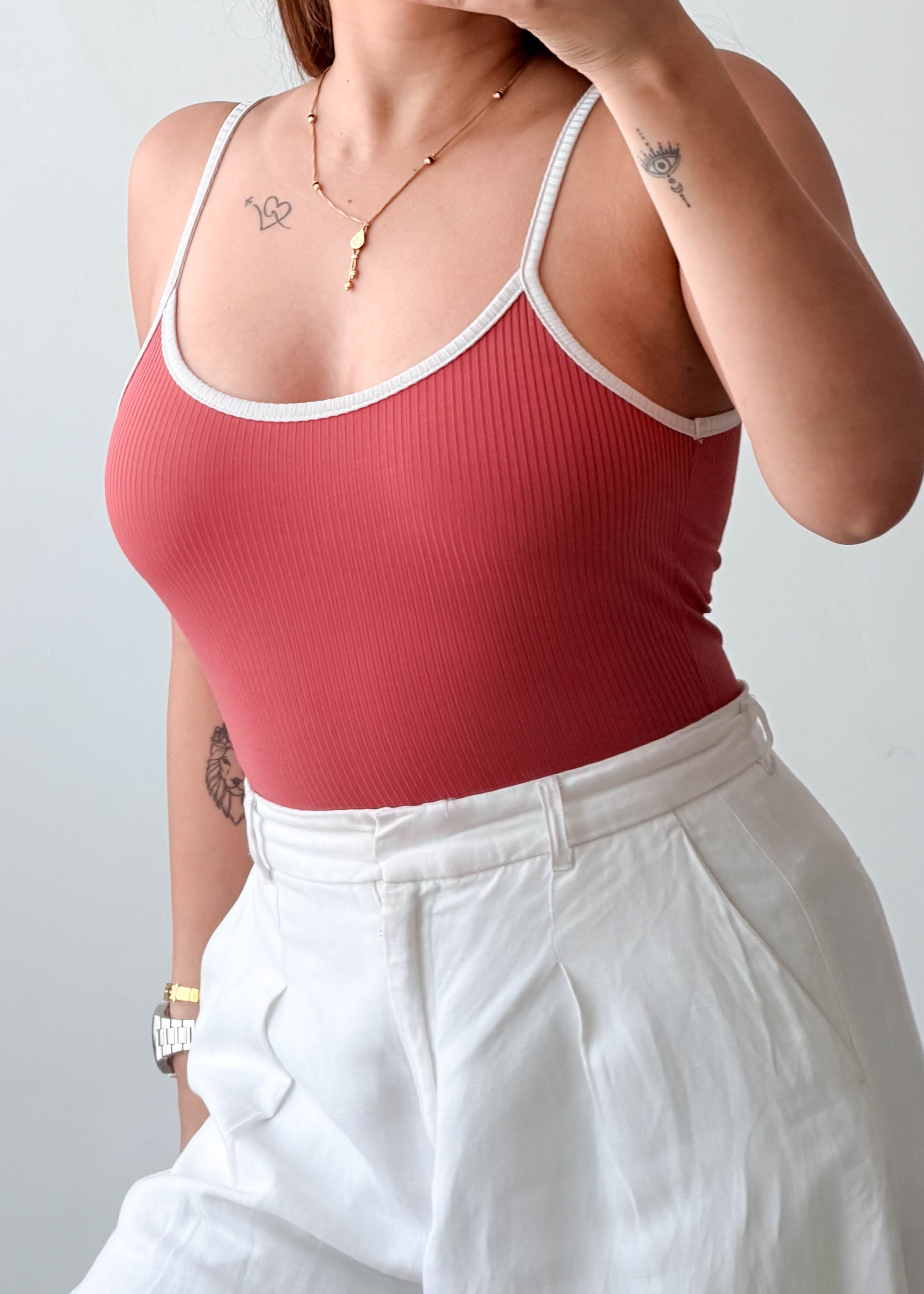 Size S-M Rose Pink Ribbed Cami Bodysuit