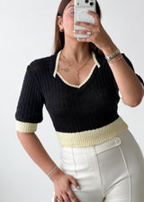 Size XS-S Black Contrast Collar Knit Top