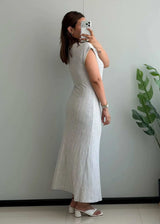 SIZE S-M, Light Grey Button Front Ribbed Midi Dress - Closet by Payal