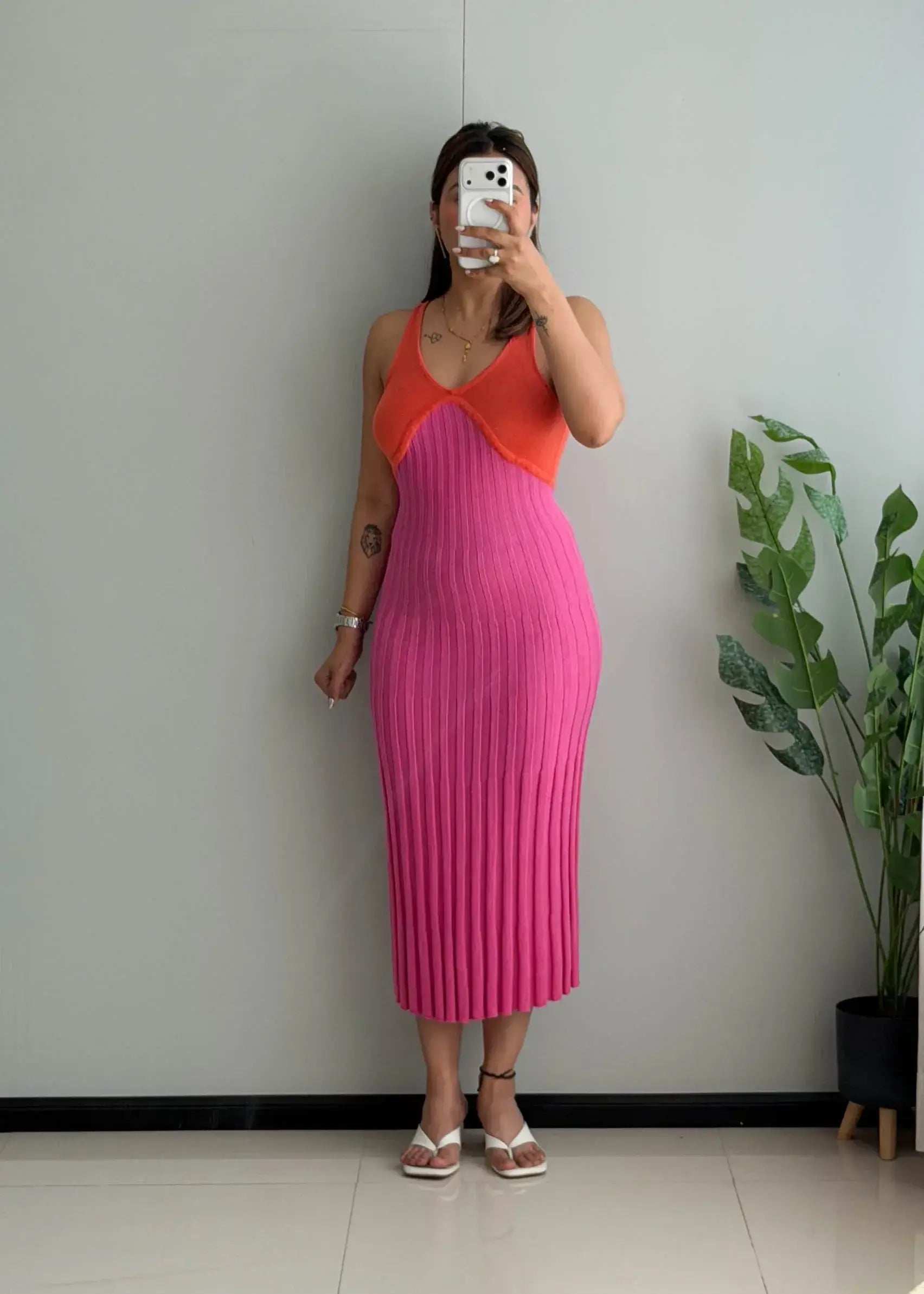 SIZE XS-S, Pink Contrast Trim Ribbed Midi Dress - Closet by Payal