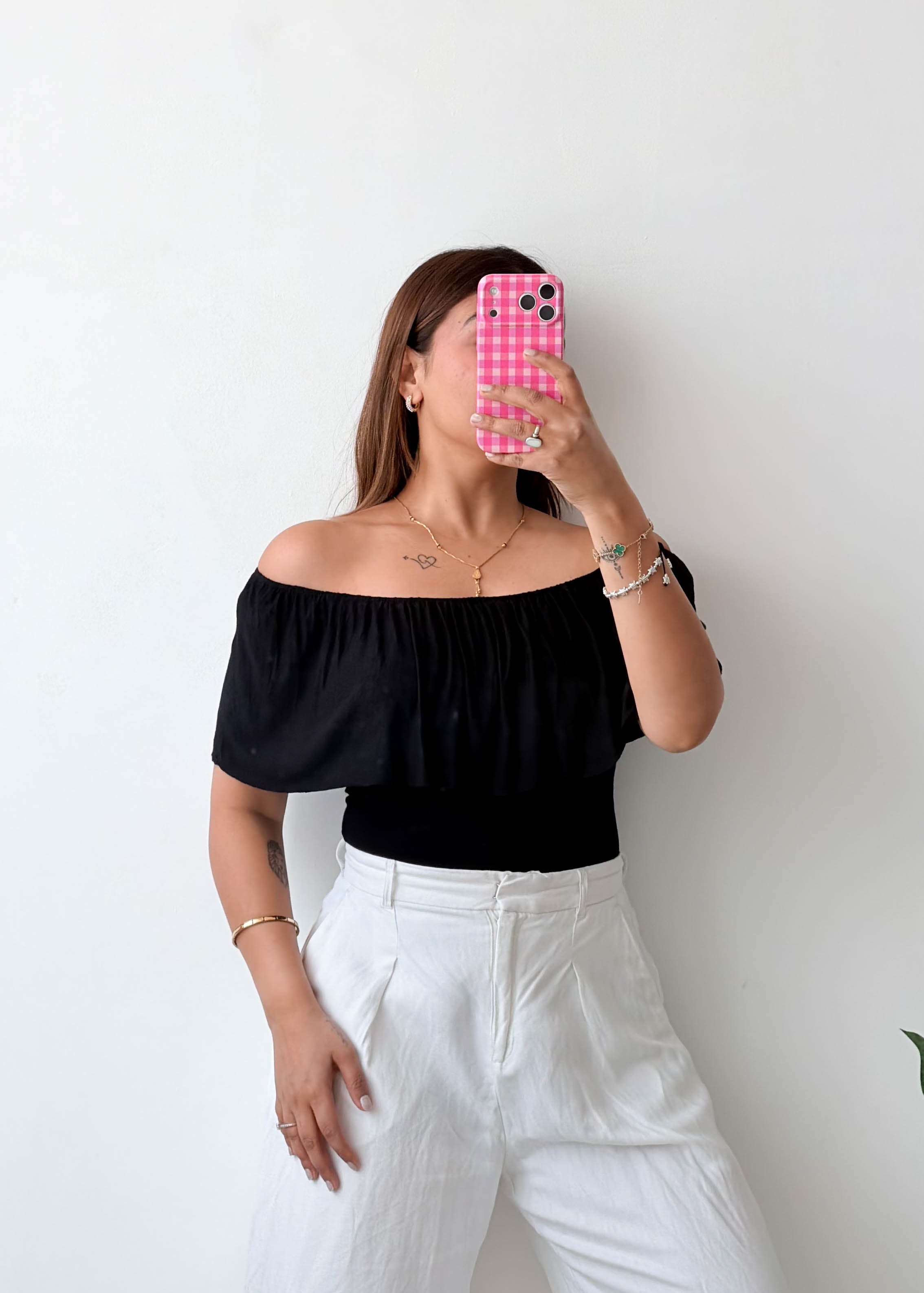 Size XS-S Black Off-Shoulder Ruffle Bodysuit