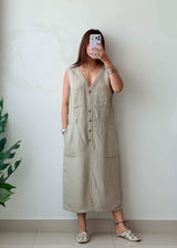 Size M-L Cotton Beige Utility Midi Dress
