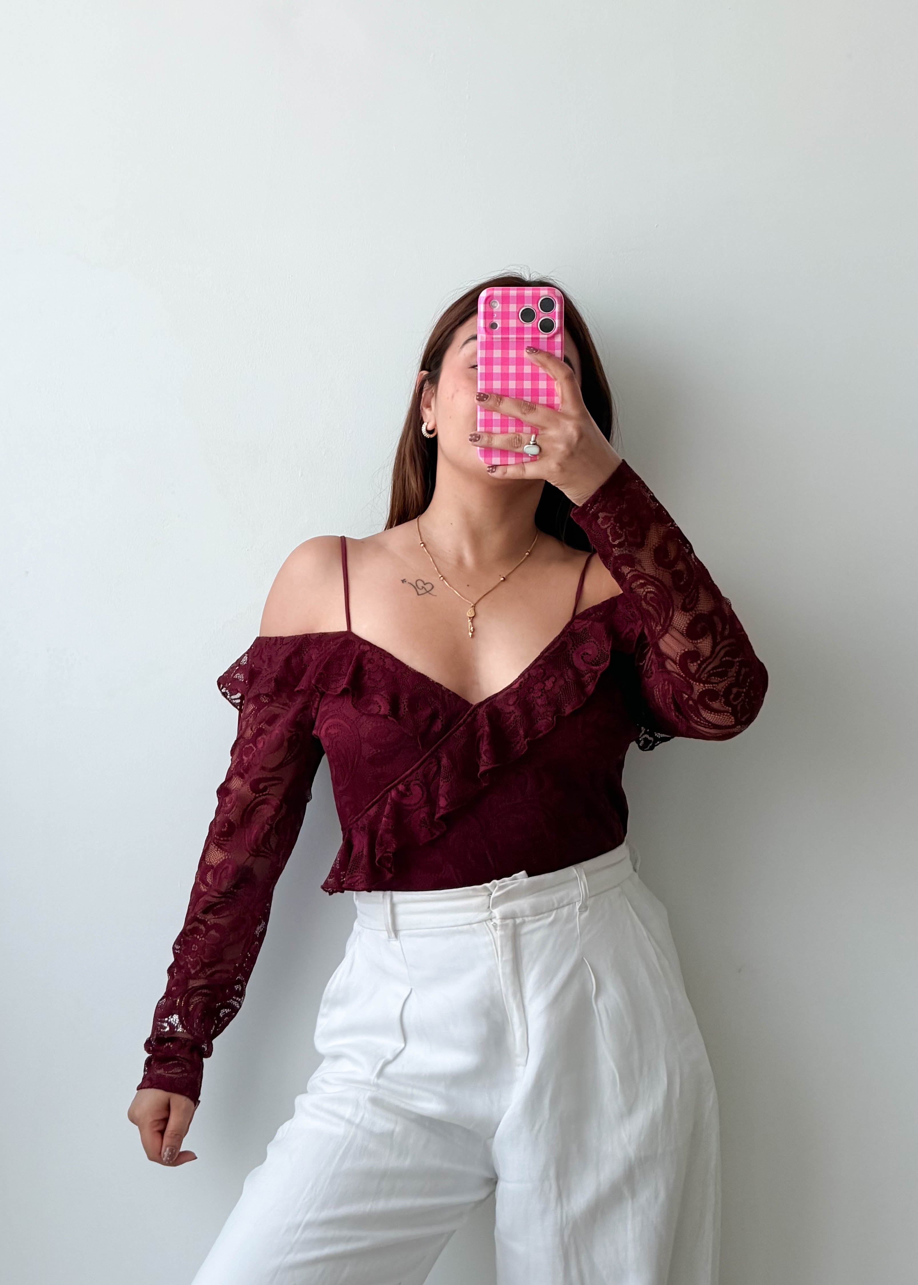 Size M-L Burgundy Lace Ruffle Bodysuit
